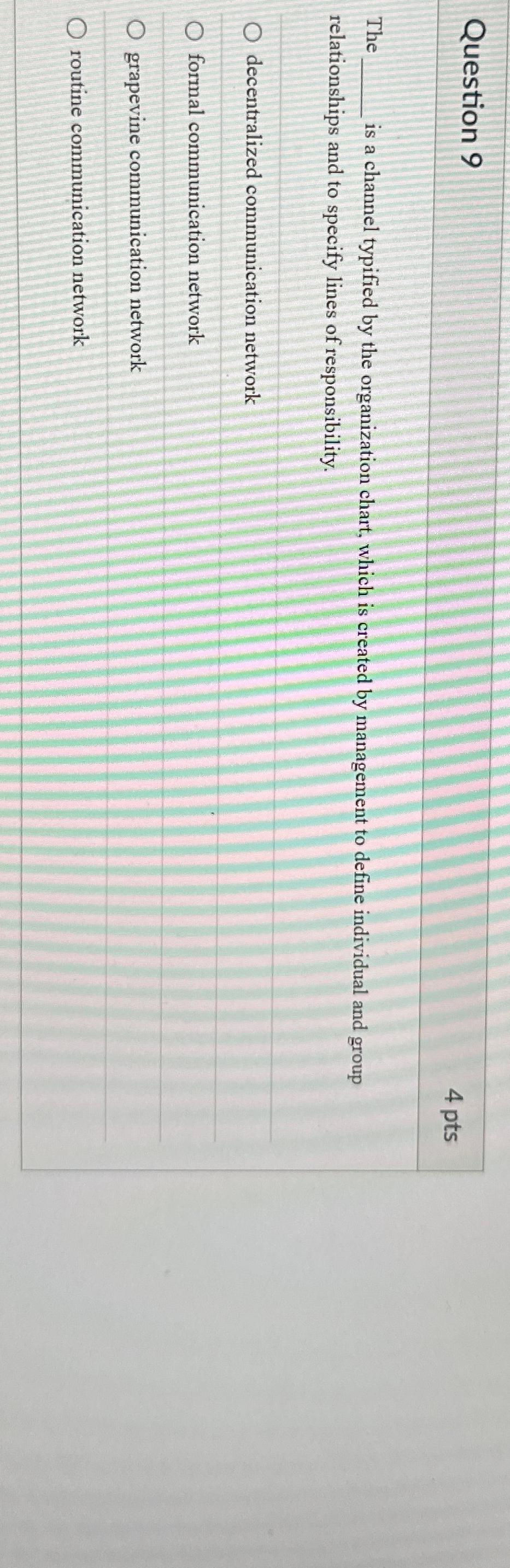  Question 9 4 pts The is a channel typified by the