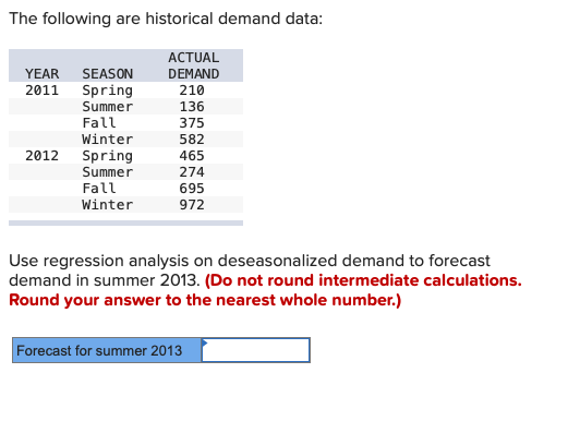  The following are historical demand data: Use regression analysis on deseasonalized