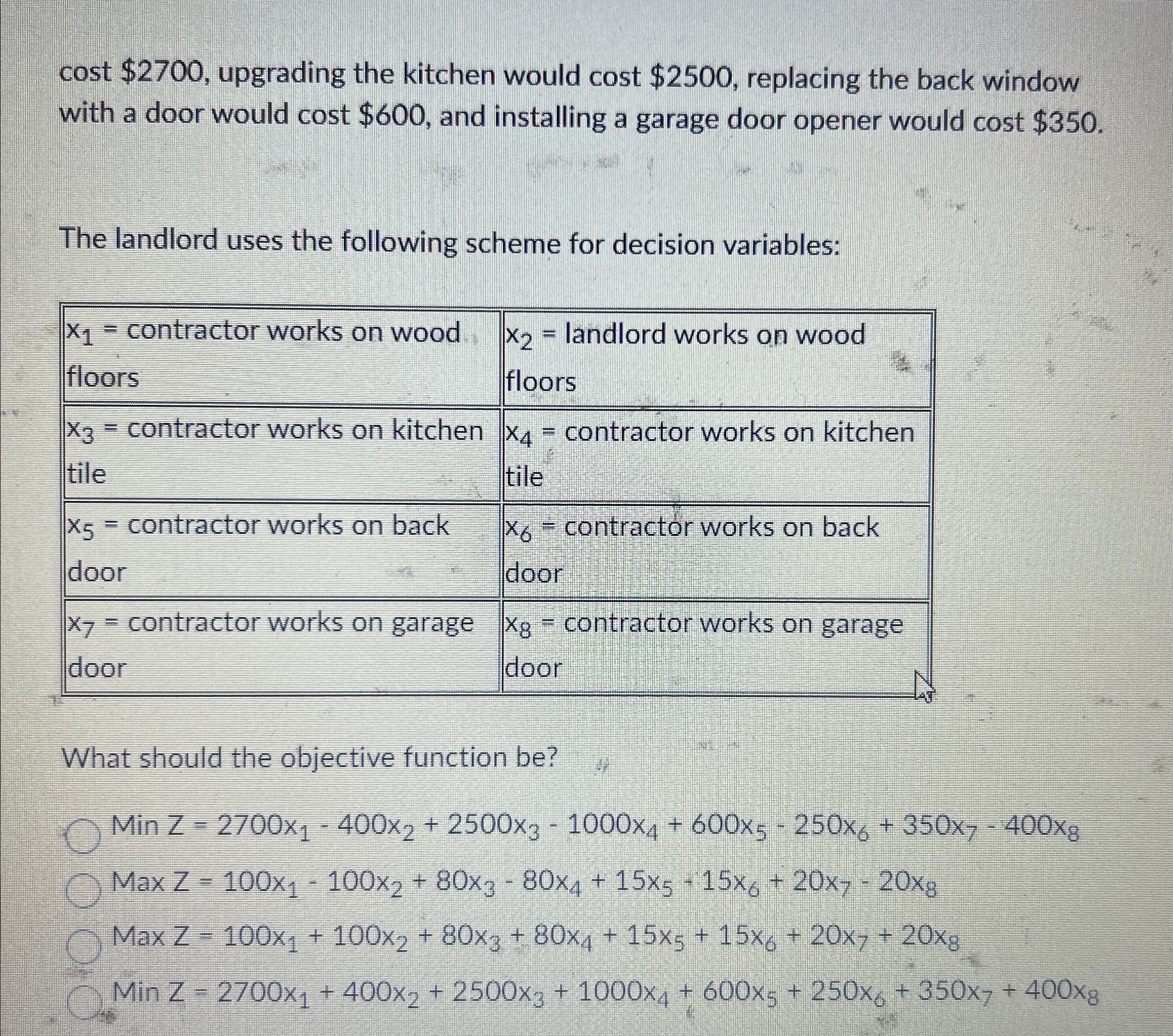  cost $2700, upgrading the kitchen would cost $2500, replacing the back