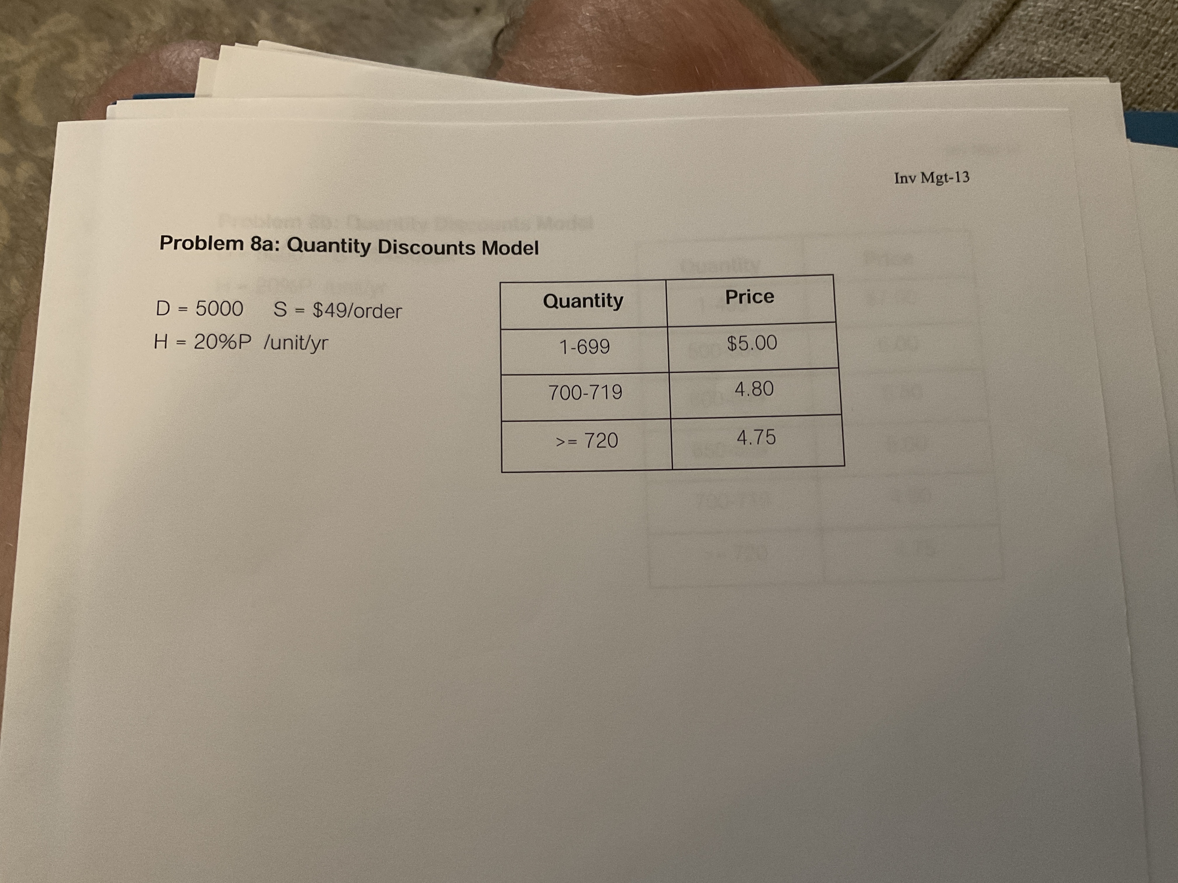 Inv Mgt-13 Problem 8a: Quantity Discounts Model D = 5000 S