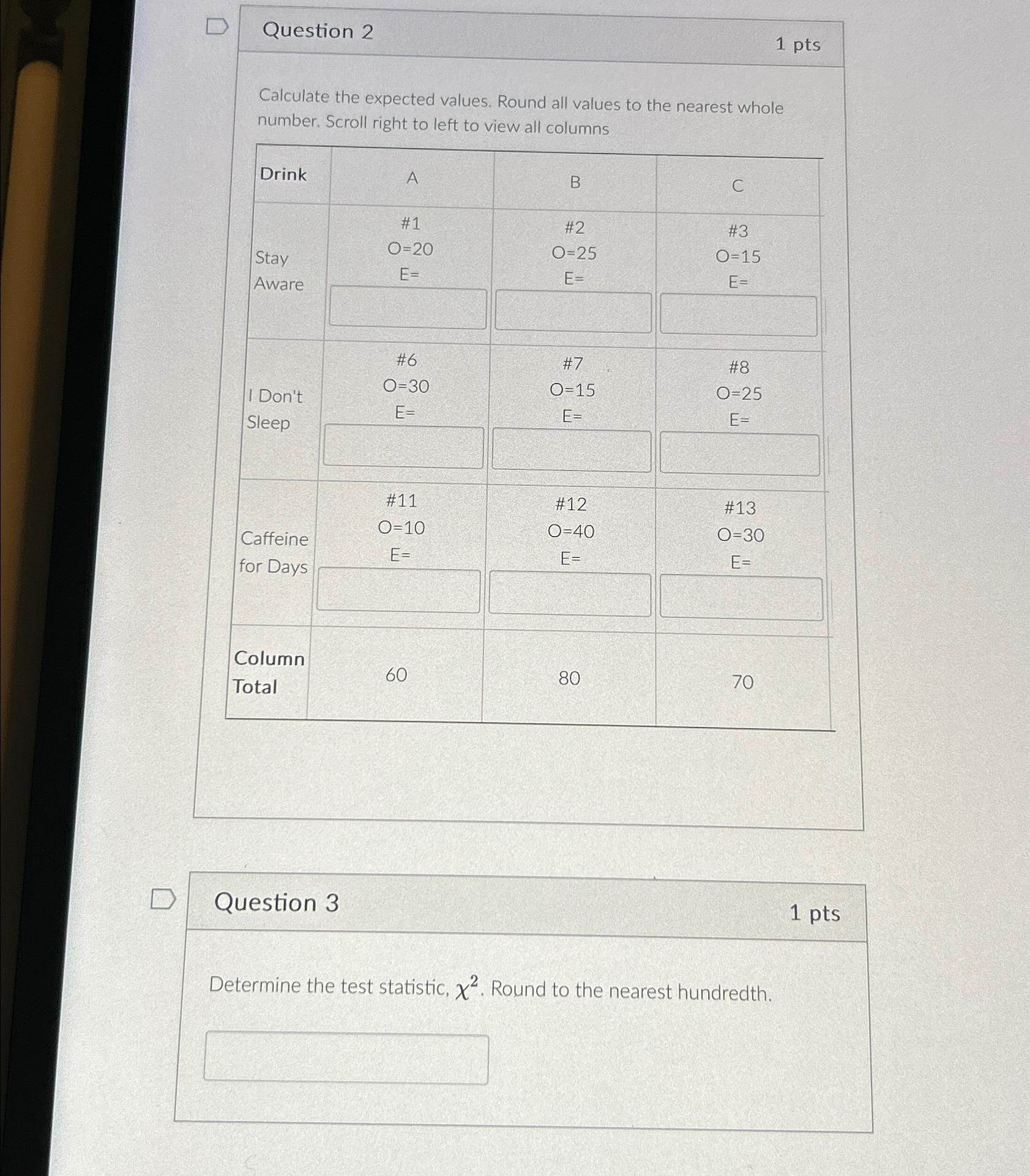  Question 2 1 pts Calculate the expected values. Round all values