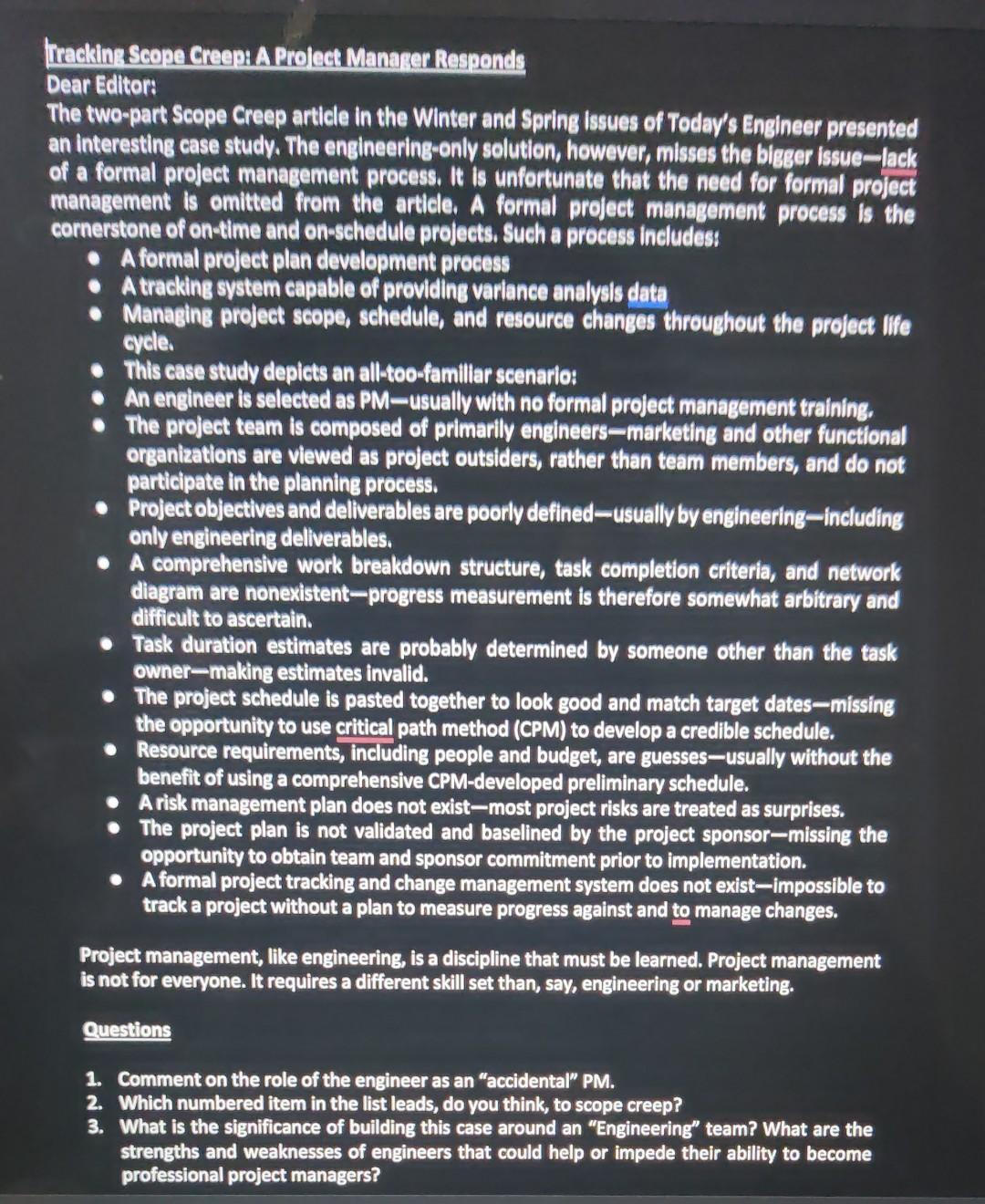  Lracking Scope CreepiA A Prolect Manaser Responds Dear Editor: The two-part