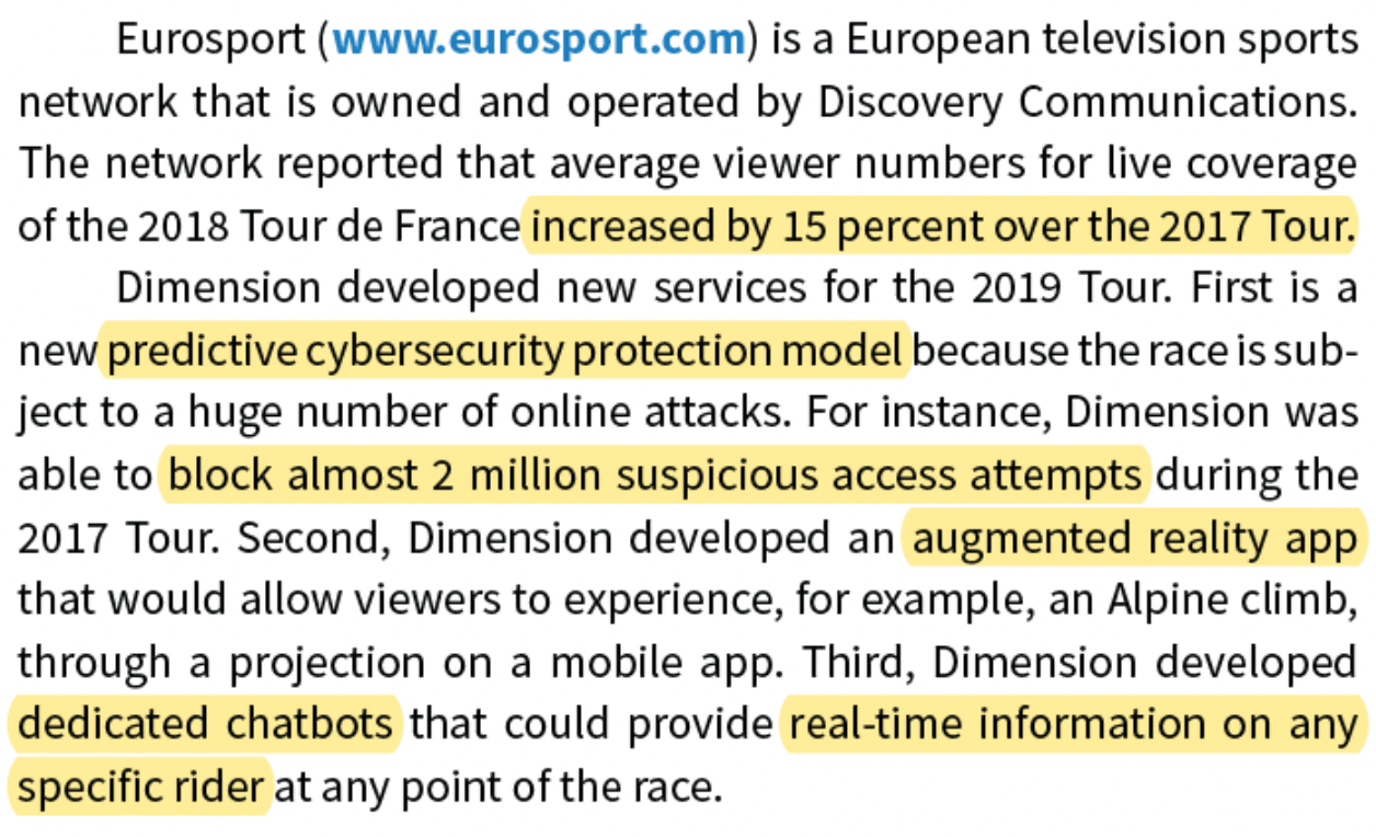 to a Tour de France primary and support activity (2 marks, one