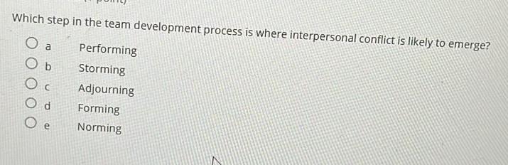  Which step in the team development process is where interpersonal conflict