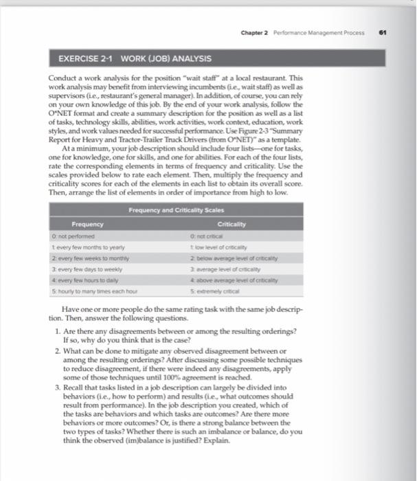  Conduct a work analysis for the position "wait staff" at a