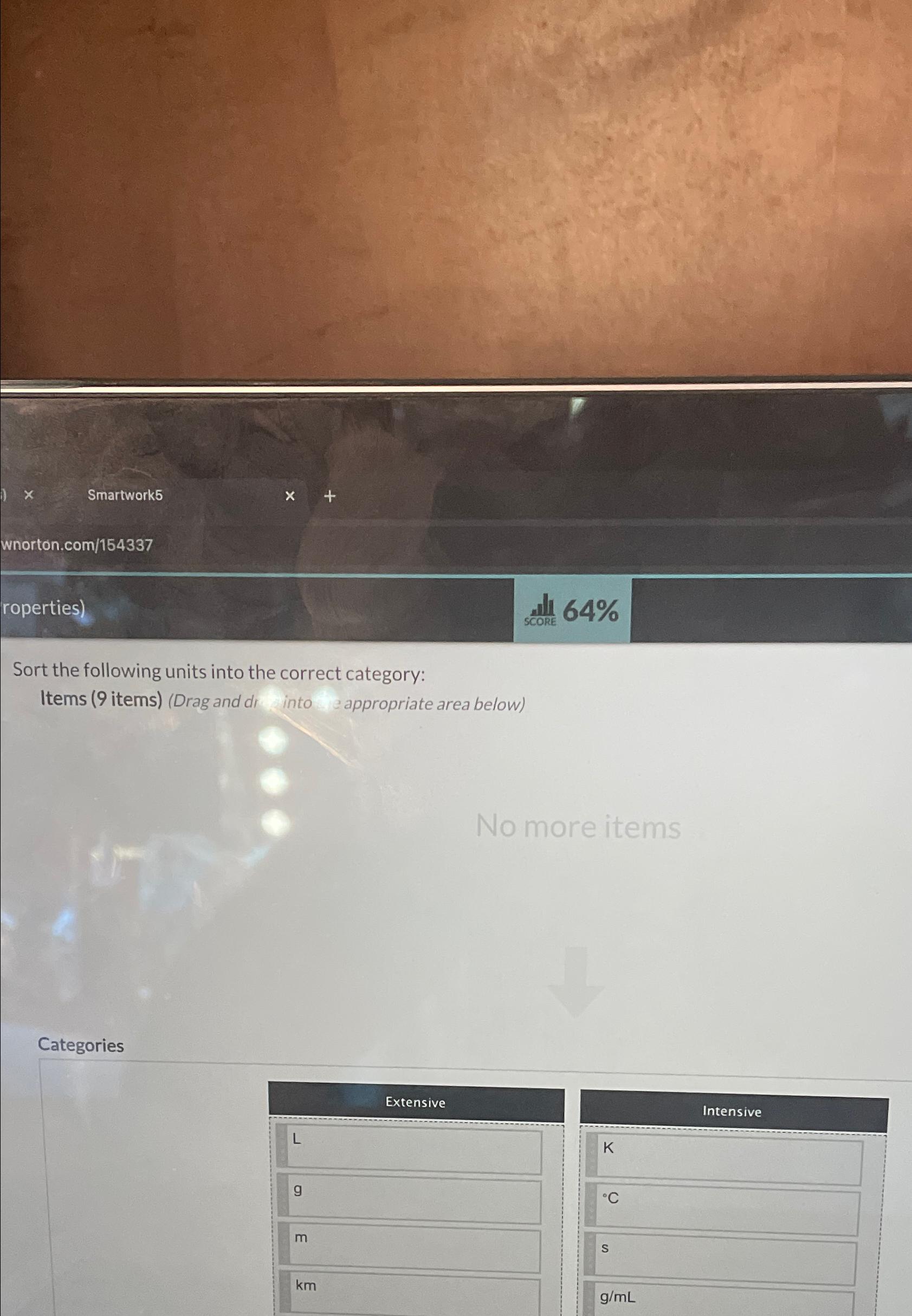  roperties) sct|l 64% Sort the following units into the correct category: