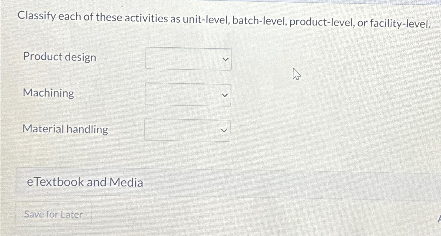  Classify each of these activities as unit-level, batch-level, product-level, or facility-level.