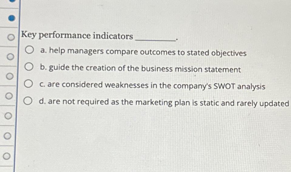  Key performance indicators a. help managers compare outcomes to stated objectives