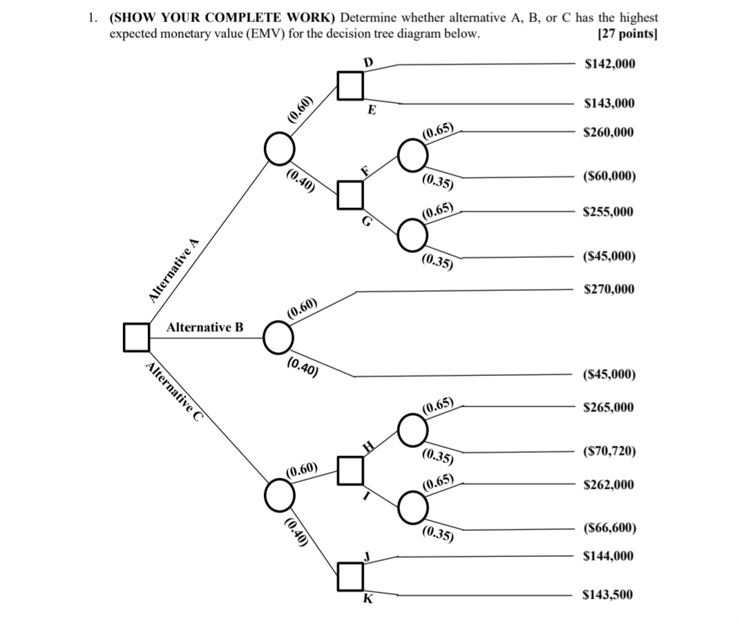  (SHOW YOUR COMPLETE WORK) Determine whether alternative A, B, or C
