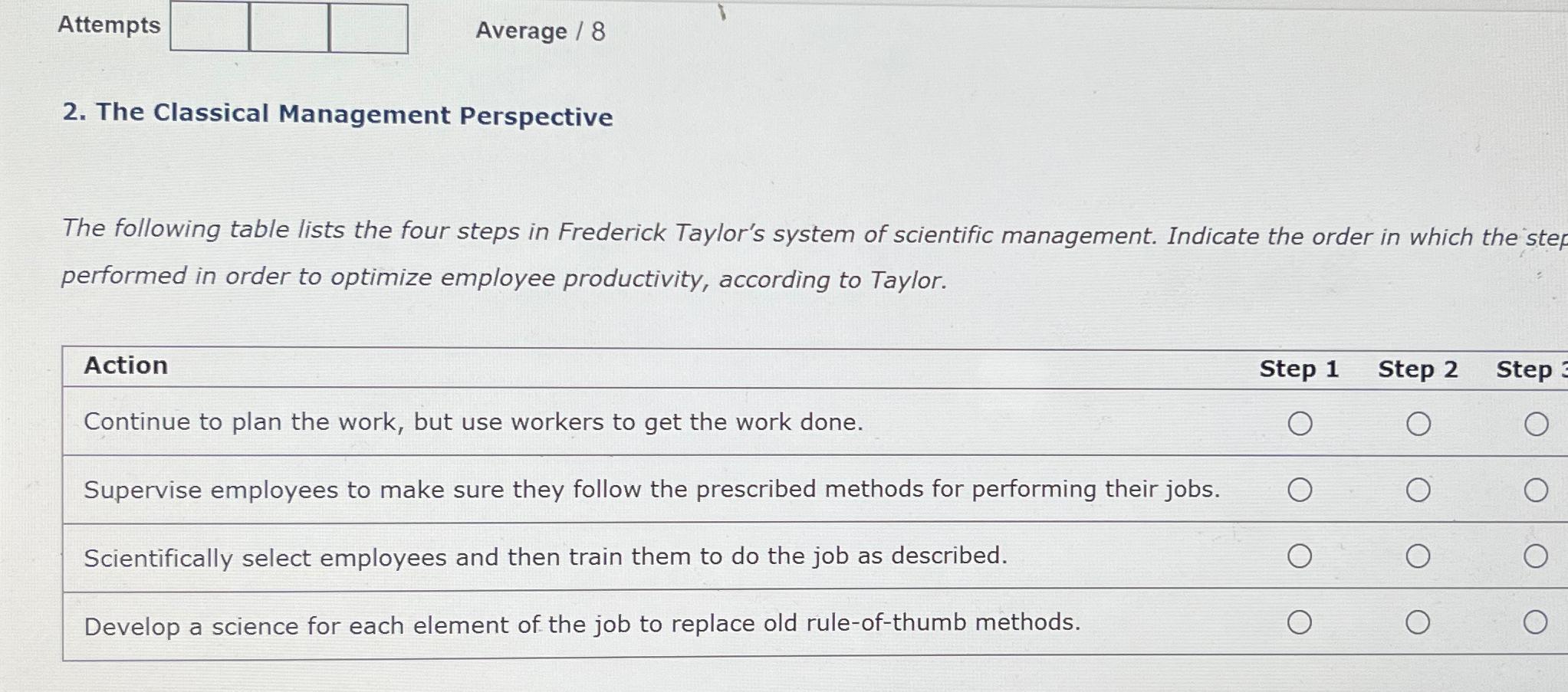  Attempts Average /8 2. The Classical Management Perspective The following table