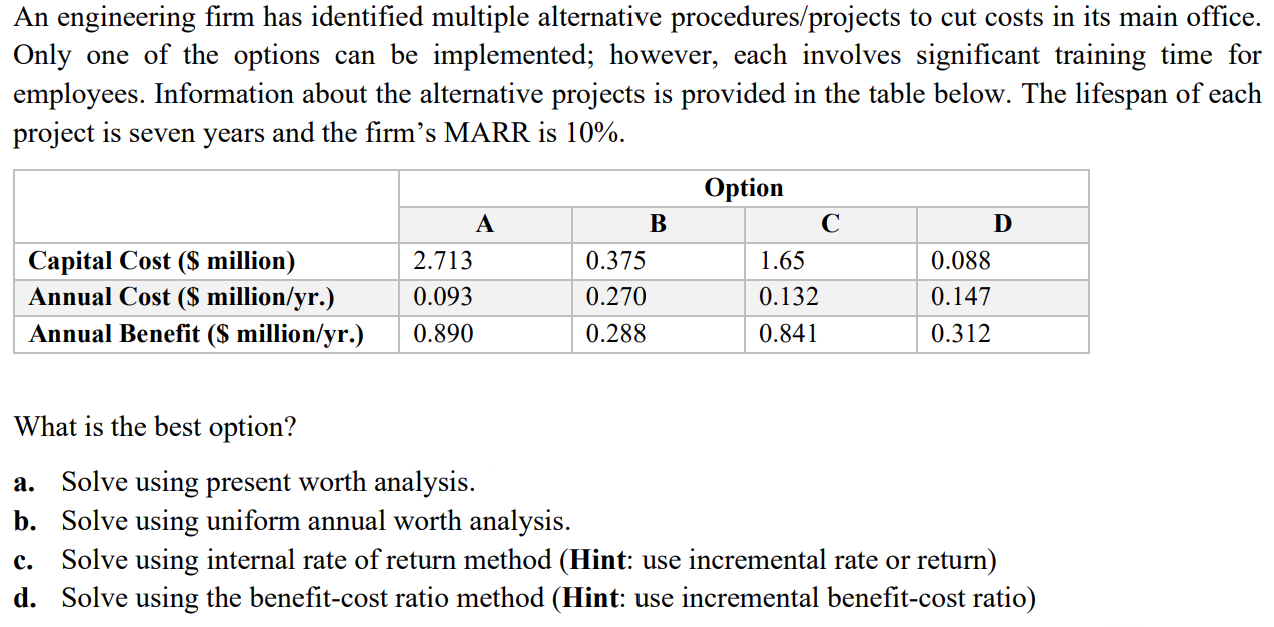  An engineering firm has identified multiple alternative procedures/projects to cut costs