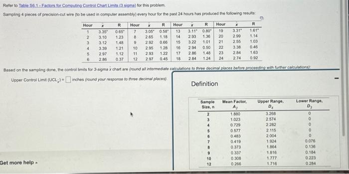 upper and lower control limit Refer to Table S61. Factos for Computing