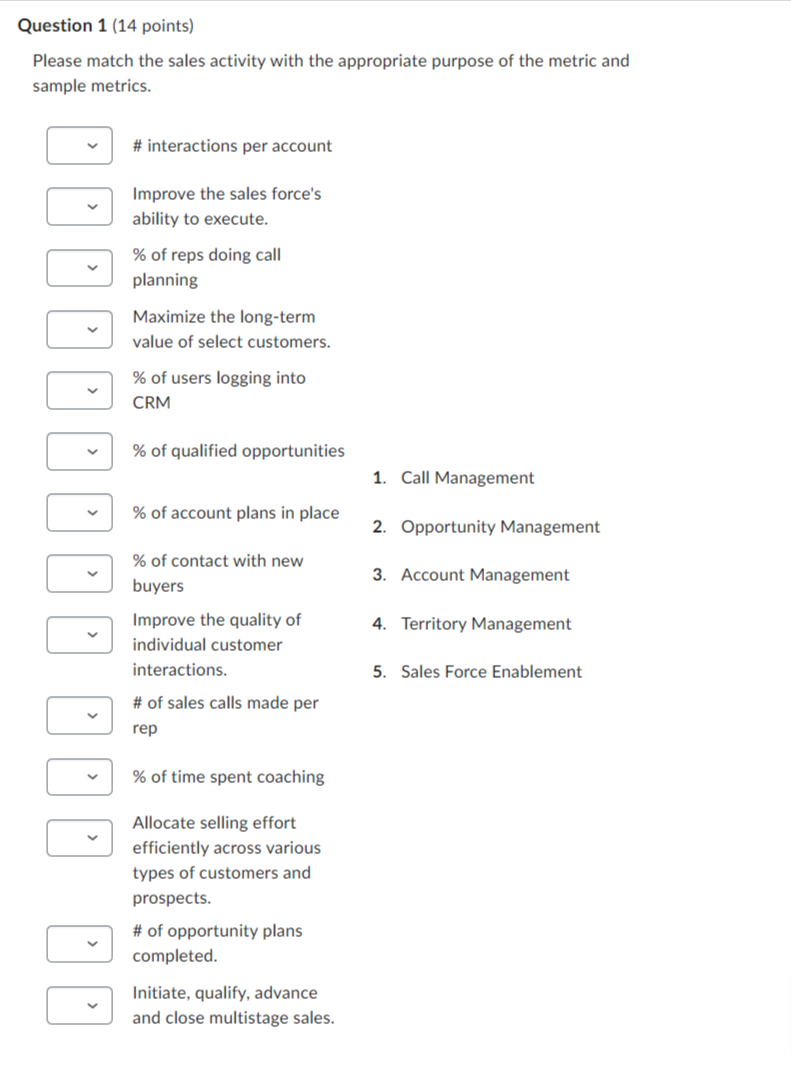  Question 1 (14 points) Please match the sales activity with the