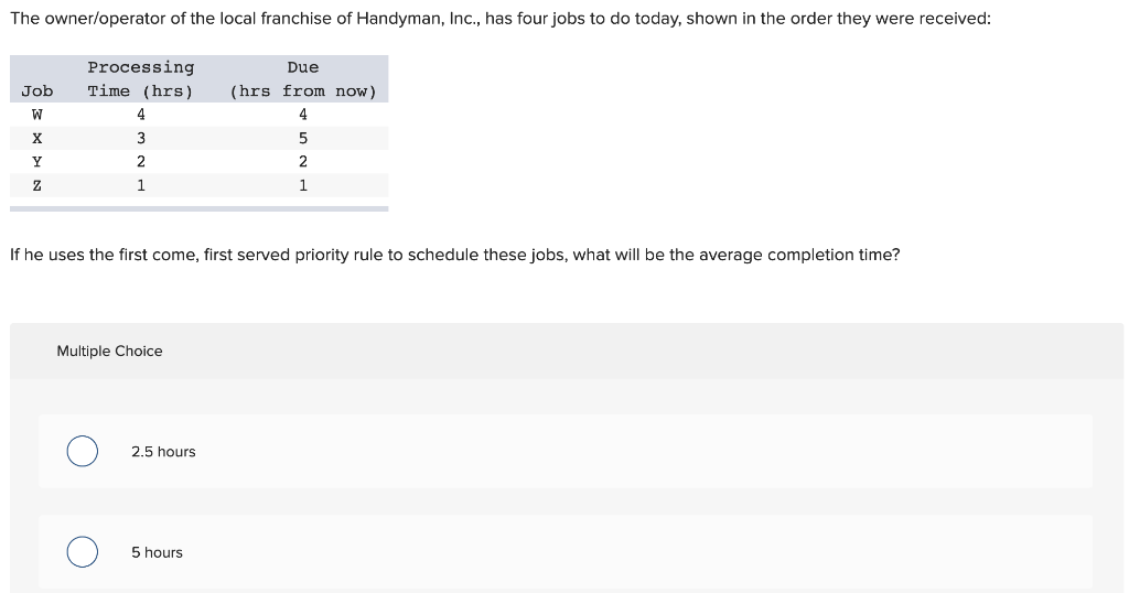 . f he uses the first come, first served priority rule to