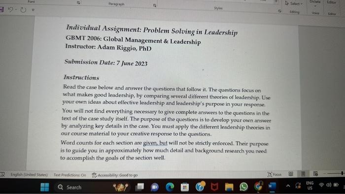  Individual Assignment: Problem Solving in Leadership GBMT 2006: Global Management \&