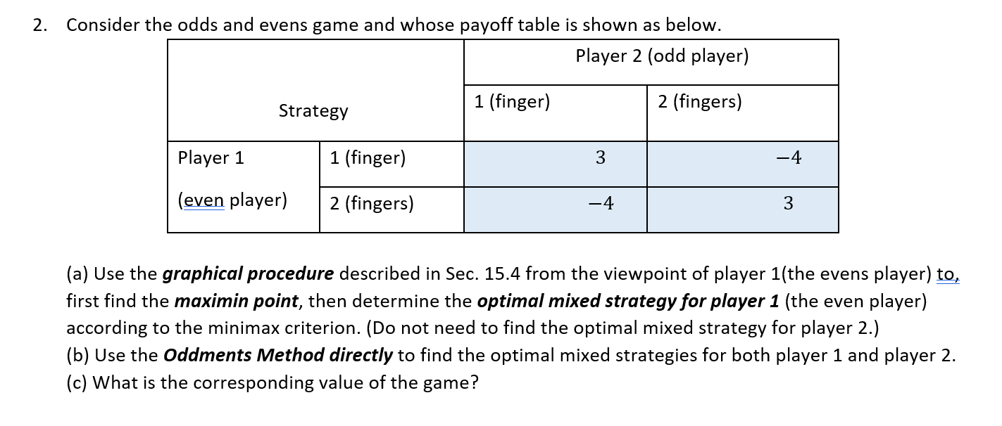 2. Consider the odds and evens game and whose pavoff table