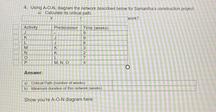 please help me to create the AON diagram. 4. Using A-O-N, diagram