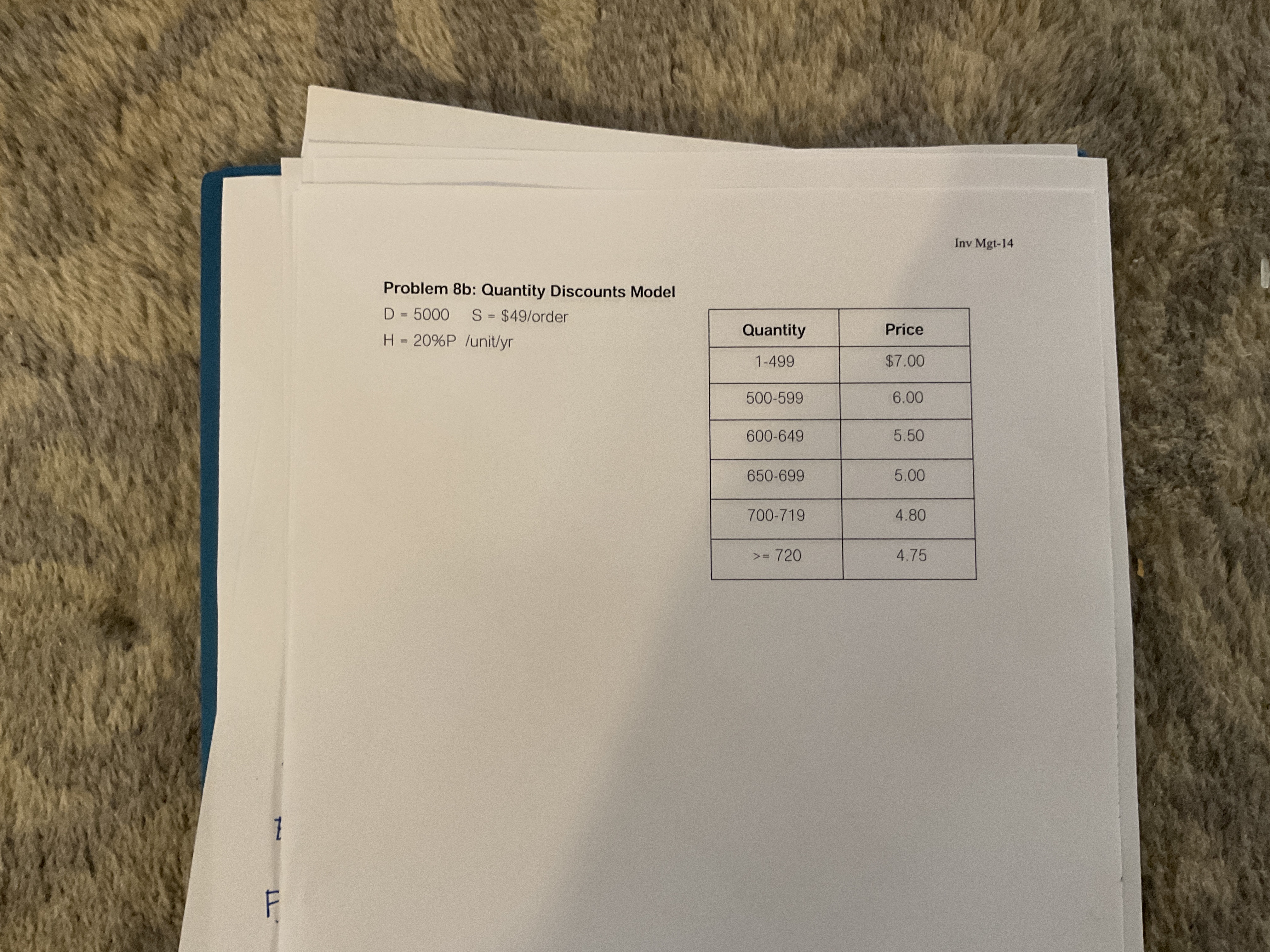 Inv Mgt-14 Problem 8b: Quantity Discounts Model D = 5000 S