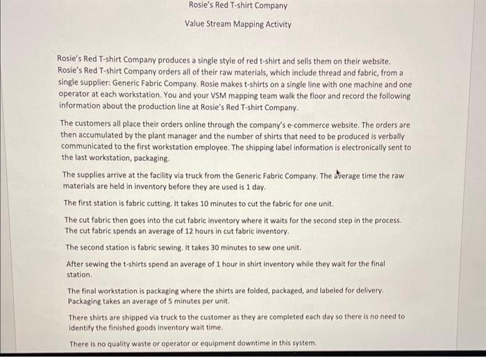 i need help creating a value stream mapping Rosie's Red T-shirt Company
