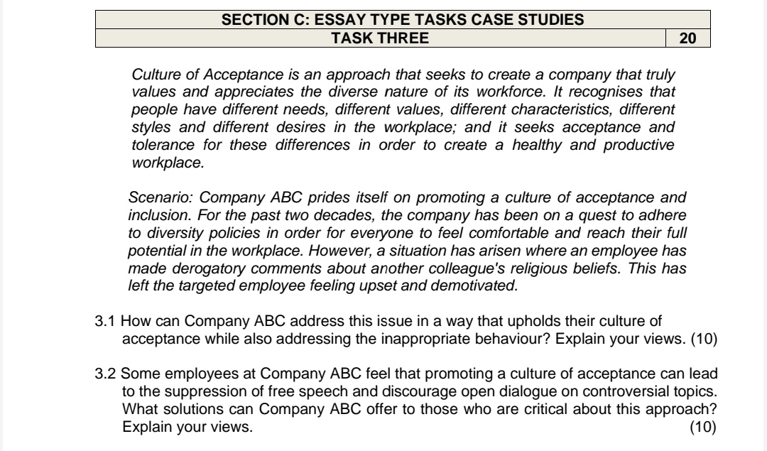  SECTION C: ESSAY TYPE TASKS CASE STUDIES TASK THREE Culture of