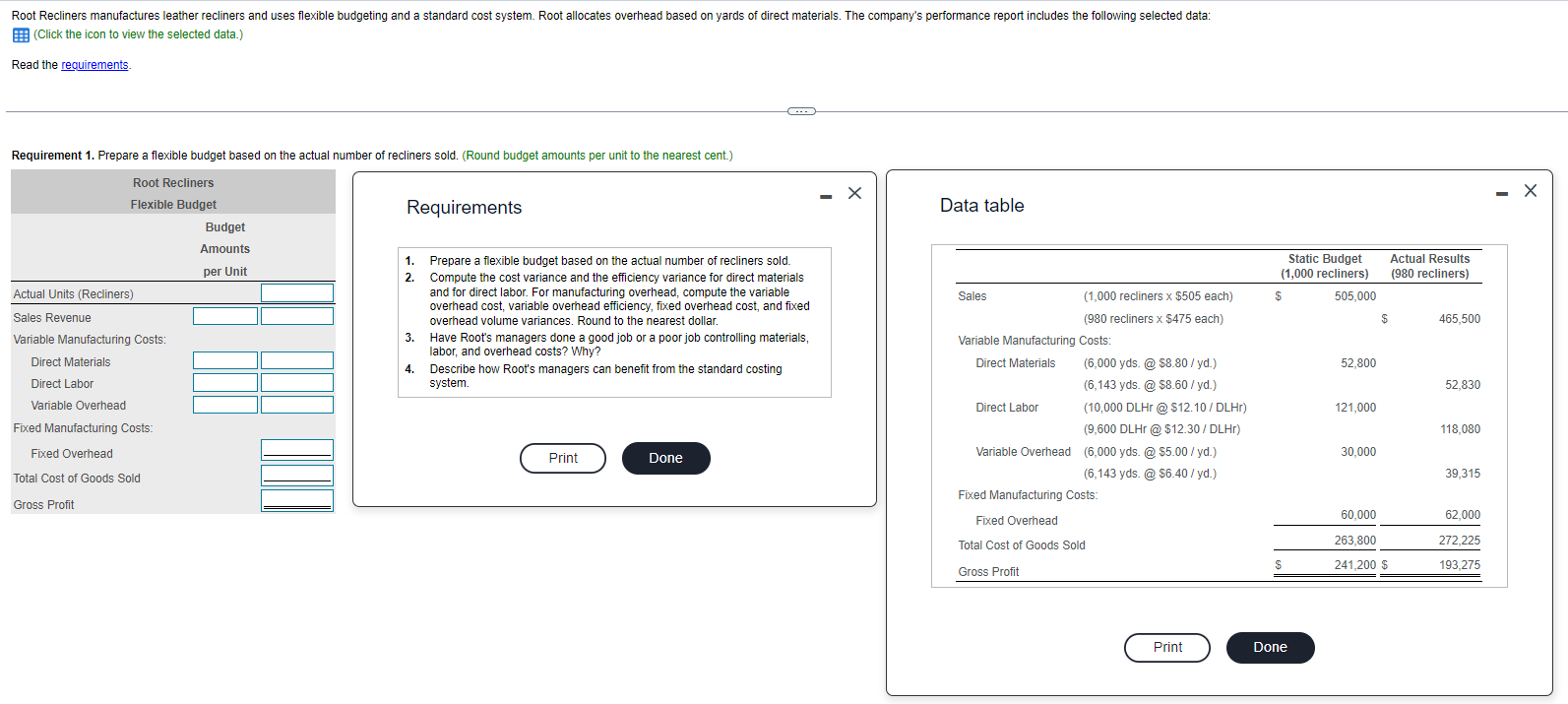  Requirements Data table 1. Prepare a flexible budget based on the