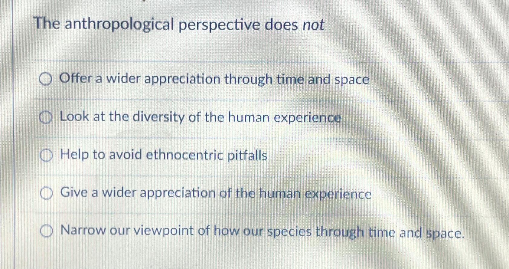  The anthropological perspective does not Offer a wider appreciation through time