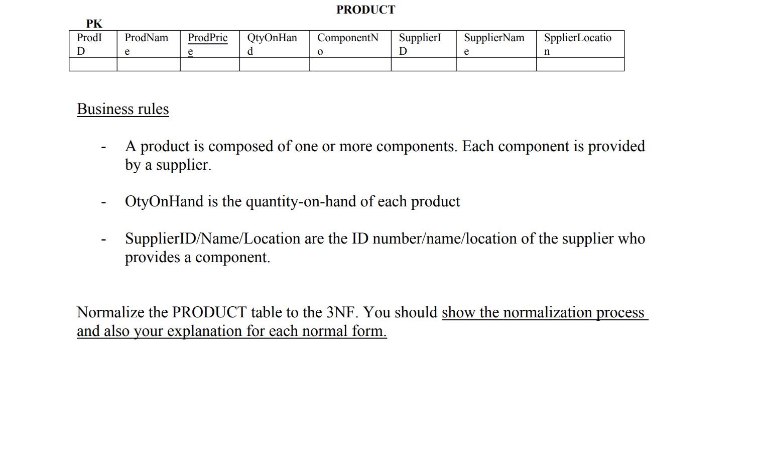 Logical Modeling: Normalization PRODUCT [PK Businessrules - A product is composed of