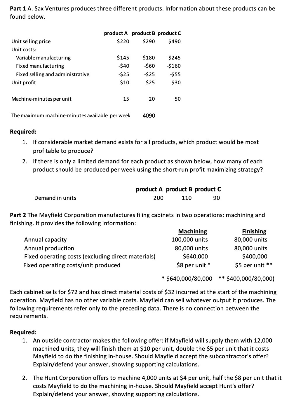part 1 and 2 four questions total Variable costs are listed as