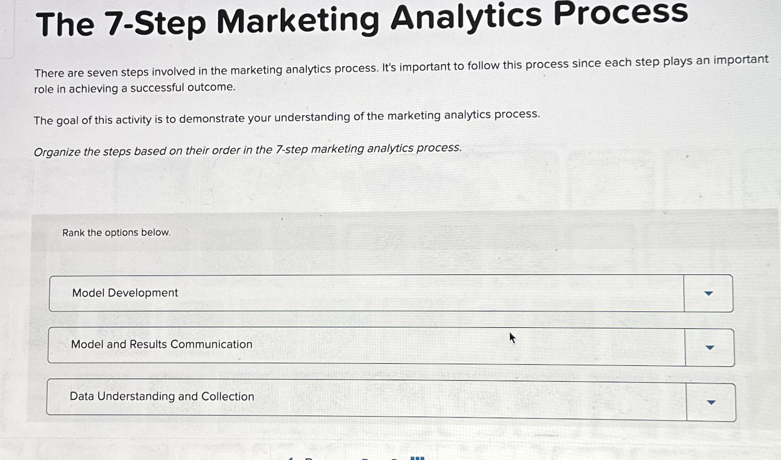  The 7-Step Marketing Analytics Process There are seven steps involved in