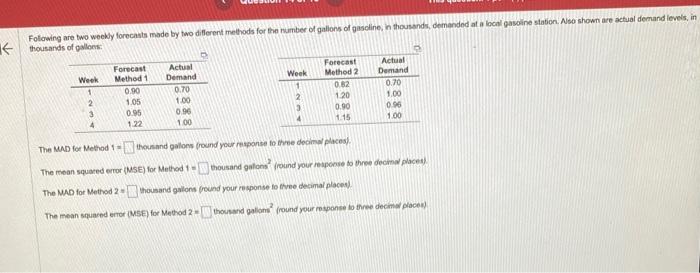  Folowing are two weeky forecasts mode by two diflerent methods for