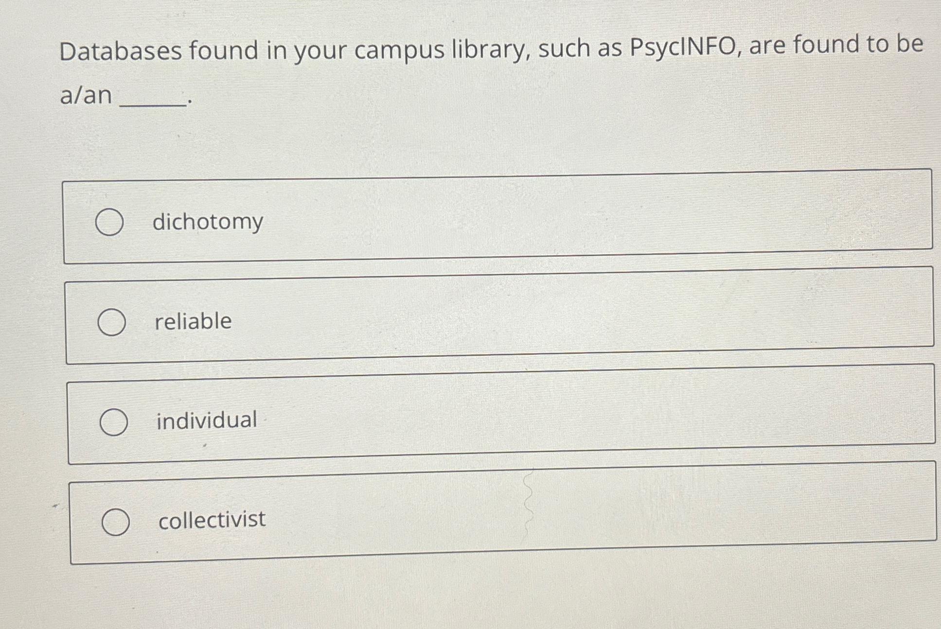  Databases found in your campus library, such as PsycINFO, are found