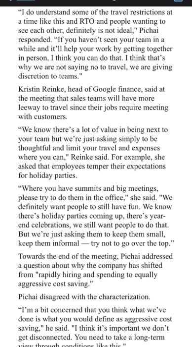 defensive. At a companywide all-hands meeting this week, Pichai was faced with