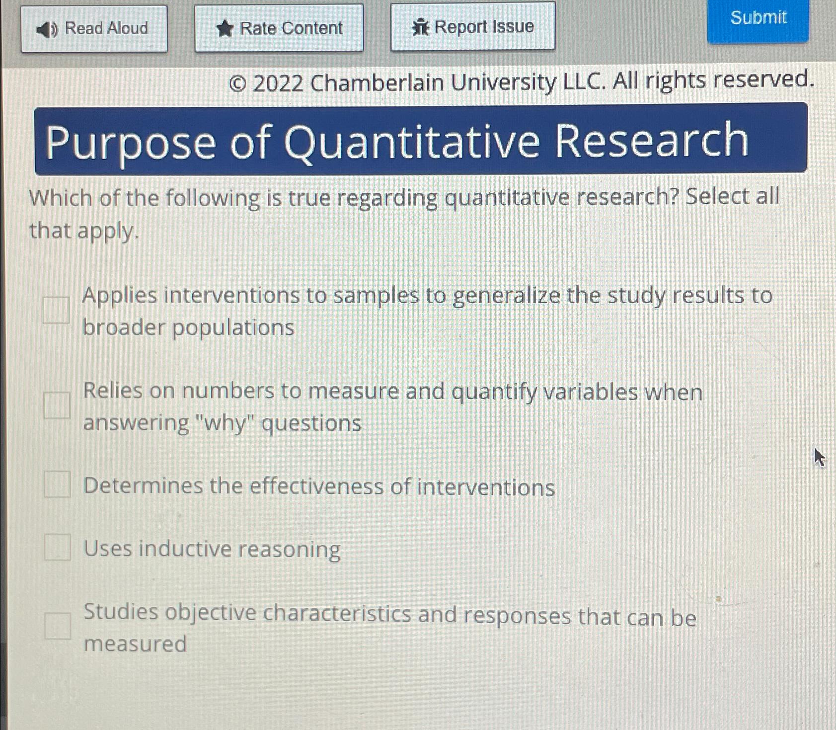  (c)2022 Chamberlain University LLC. All rights reserved. Purpose of Quantitative Research