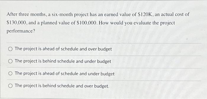  After three months, a six-month project has an earned value of