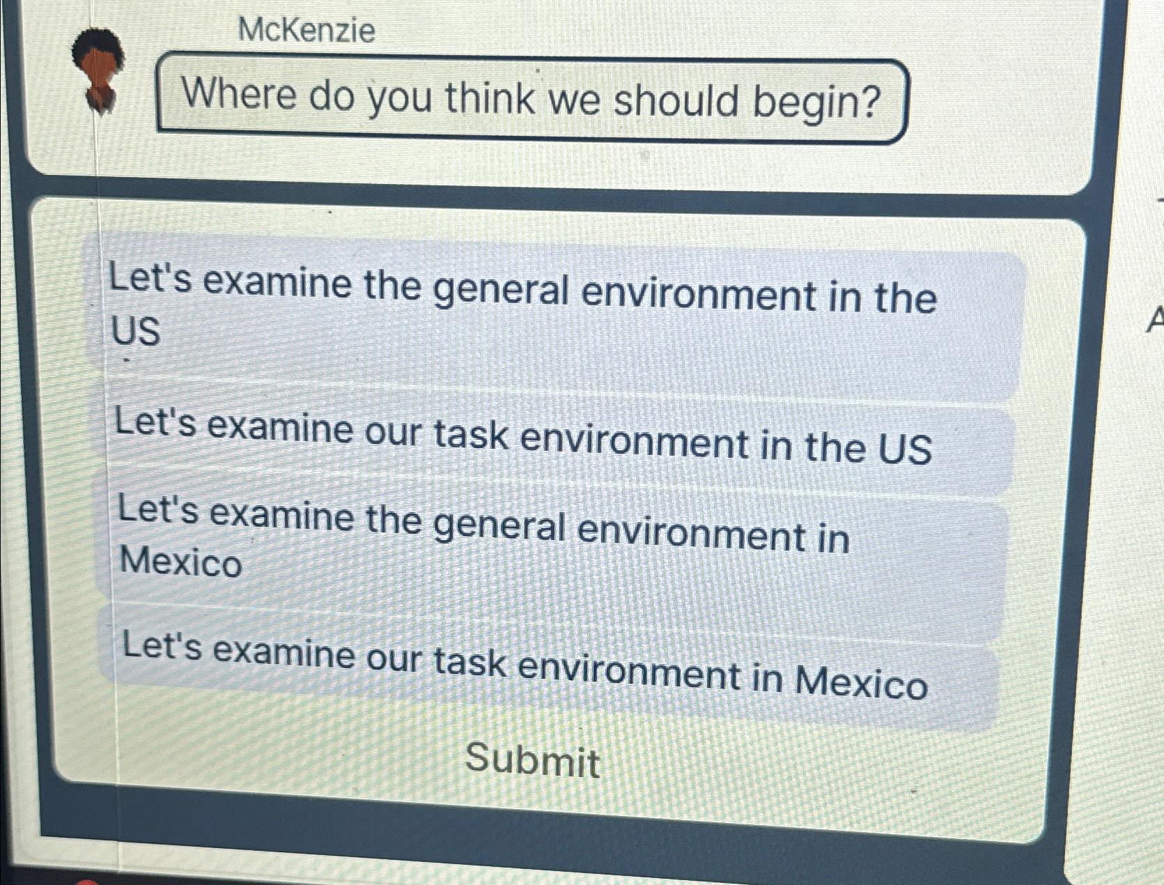  McKenzie Where do you think we should begin? Let's examine the