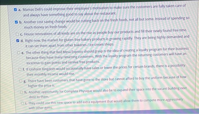 Control of the Business. [mark all correct answers) a. Mamas Deli's could