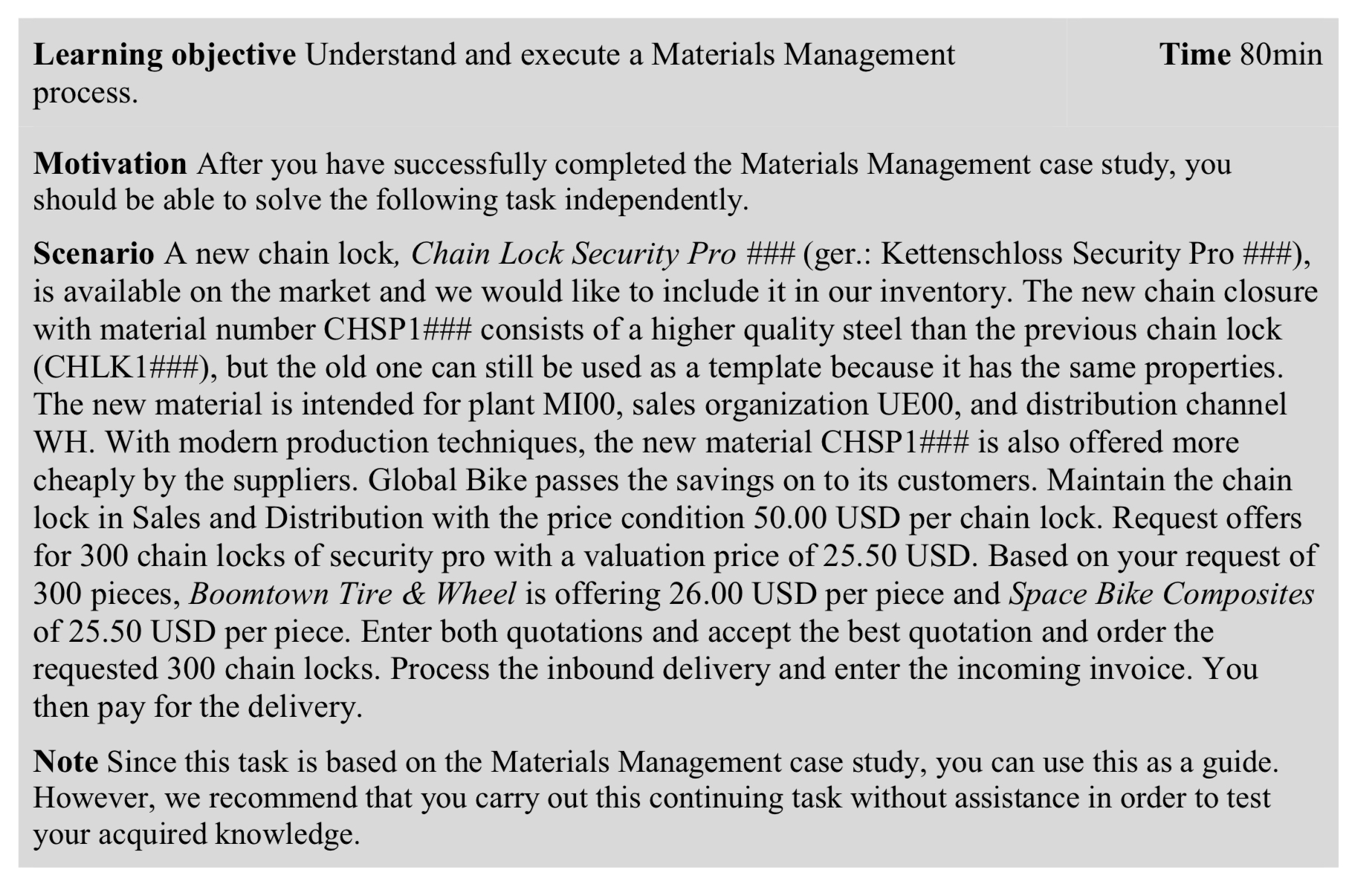  Learning objective Understand and execute a Materials Management Time 80min process.