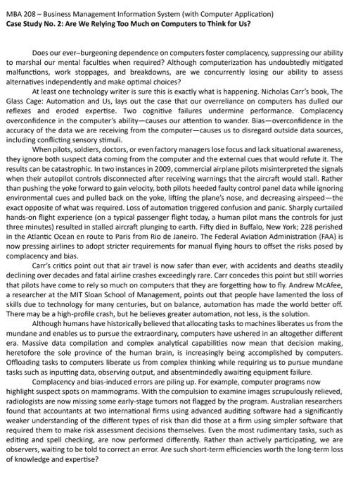  MBA 208 - Business Management Information System (with Computer Application) Case