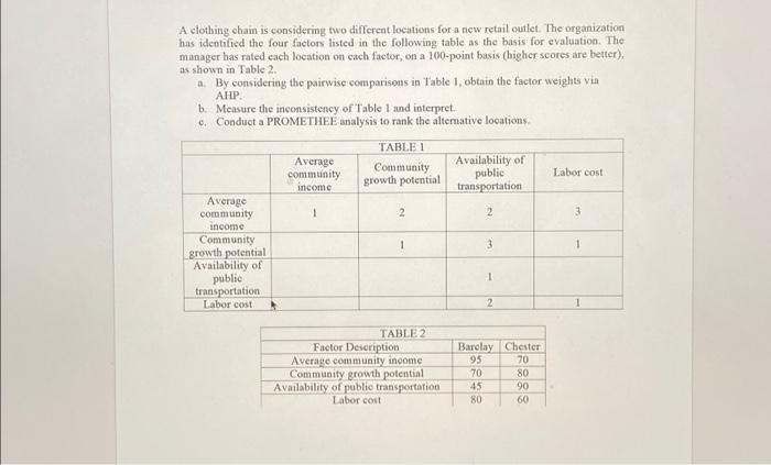  A clothing chain is considering two different locations for a new