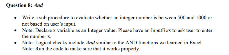8. Complete in Excel and show your work Question 8: And -
