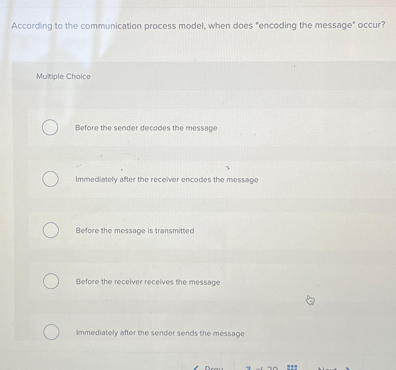  According to the communication process model, when does "encoding the message"