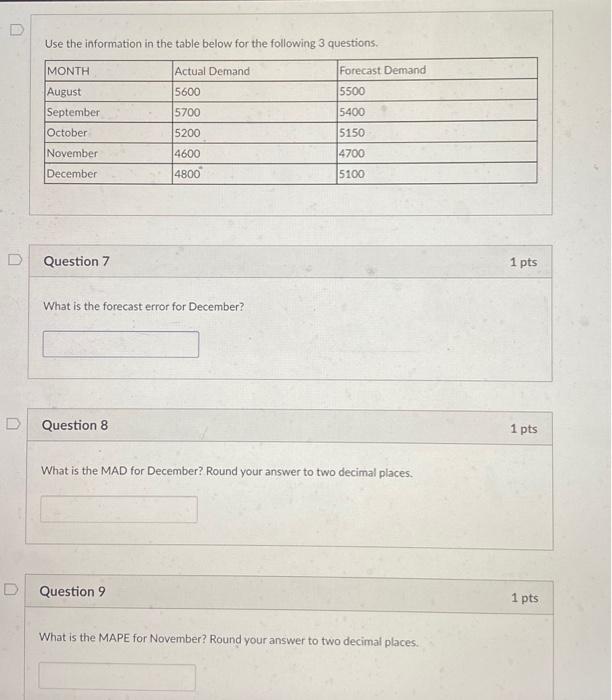 D D Use the information in the table below for the following