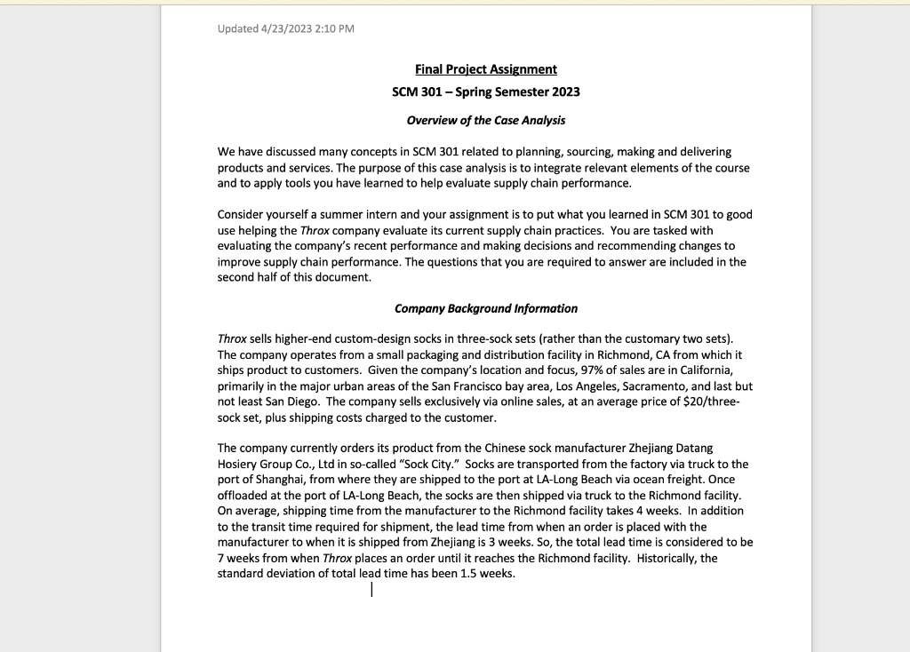 Updated 4/23/2023 2:10 PM Final Project Assignment SCM 301 - Spring Semester