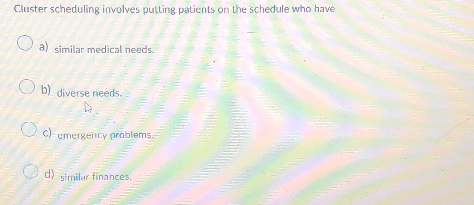 Cluster scheduling involves putting patients on the schedule who have a)