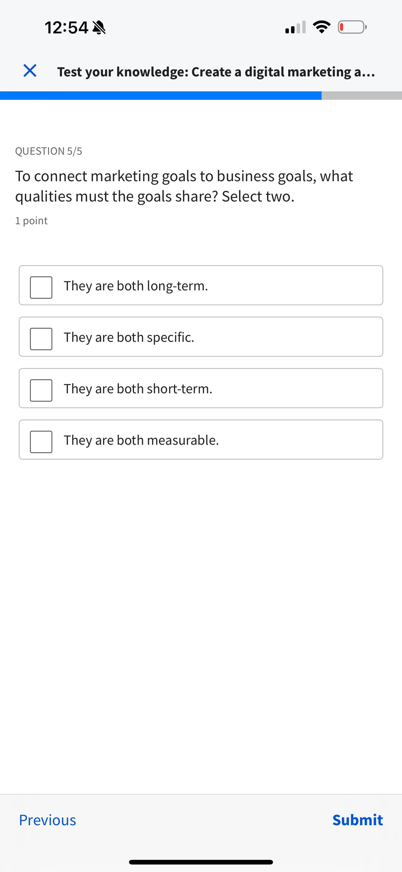  12:54 Test your knowledge: Create a digital marketing a... QUESTION 5/5
