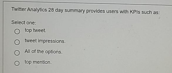  Twitter Analytics 28 day summary provides users with KPIs such as: