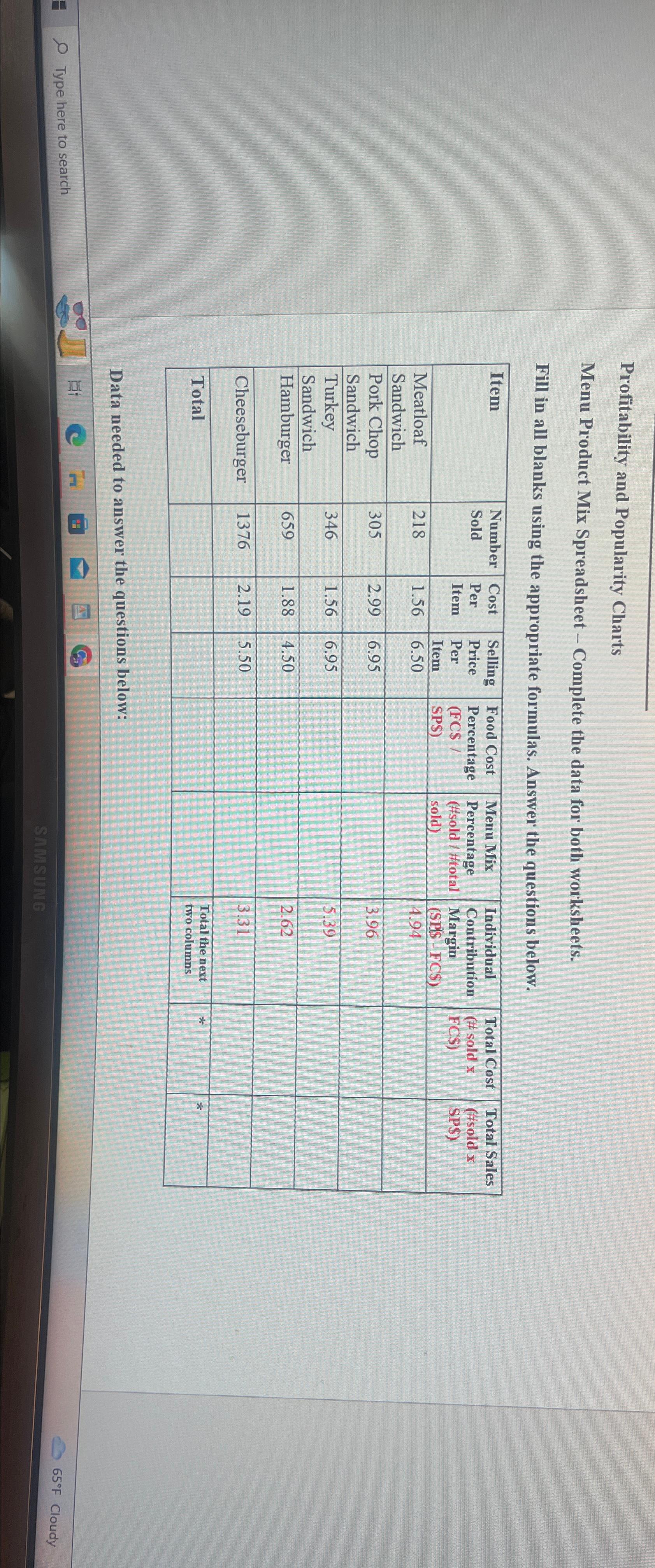  Profitability and Popularity Charts Menu Product Mix Spreadsheet - Complete the