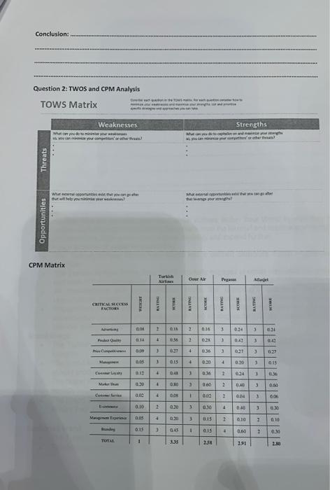 TOWS Matrix Weaknesses Strengths 288 CPM Matrix Conclusion: First Recommandations : Question