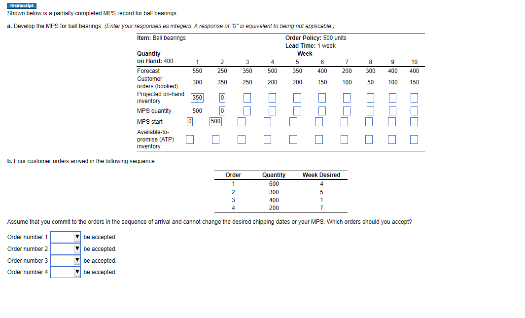 Shown below is a partially completed MPS record for ball bearings.