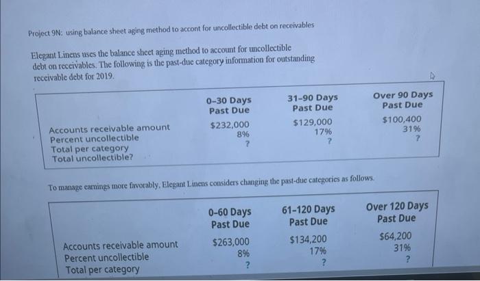 please help Project 9N: using balance sheet aging method to accont for